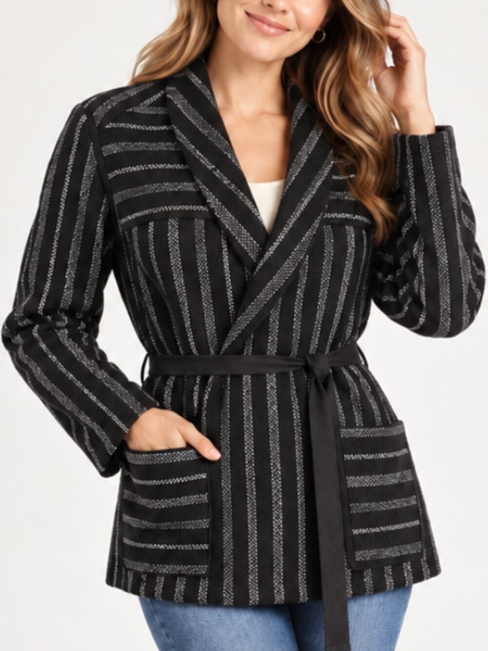 GAP Black Gray Striped Wool Blend Belted Wrap Jacket Shawl Collar Size M